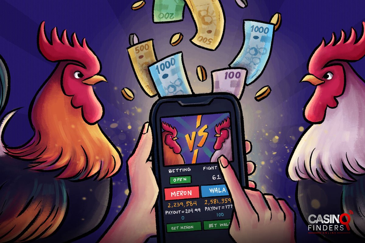 image featuring a mobile and a sports bettor betting on cockfighting online