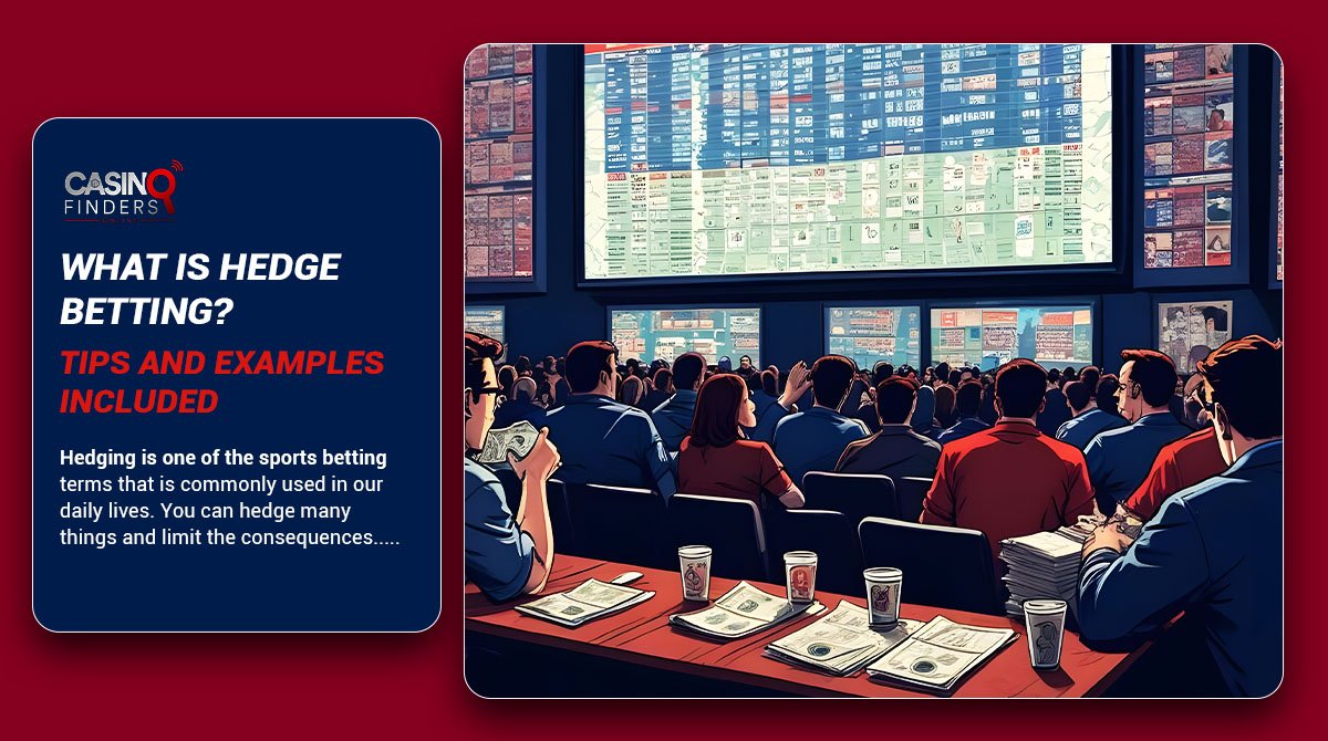 Thumbnail featuring a sports betting venue with sports bettors sitting in front of huge statistic screens | What is Hedge Betting in Sports Betting