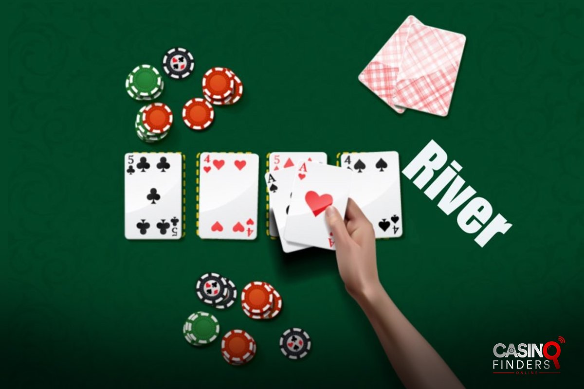 Hand holding cards to bet on the river on a top view poker table