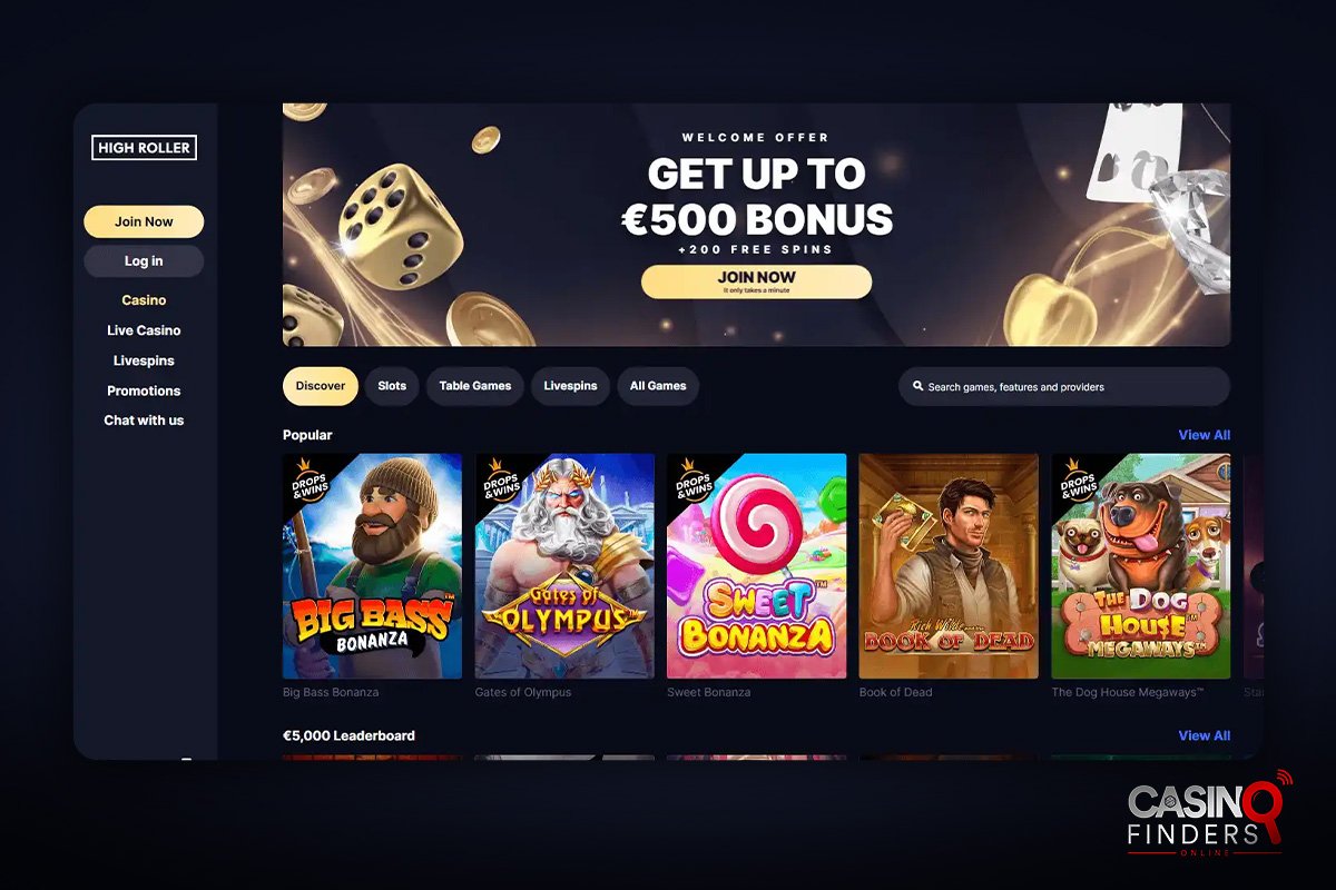Highroller Casino Homepage featuring popular games and welcome bonus