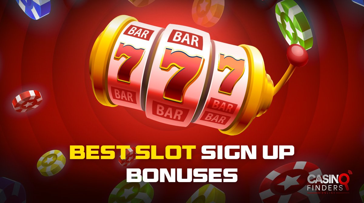 Banner about the best slot sign up bonuses featuring a slot reel with 777