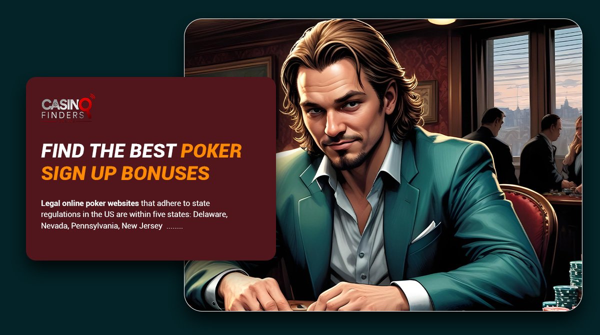 guide to the best poker sign up bonuses thumbnail image featuring a male poker player at a casino