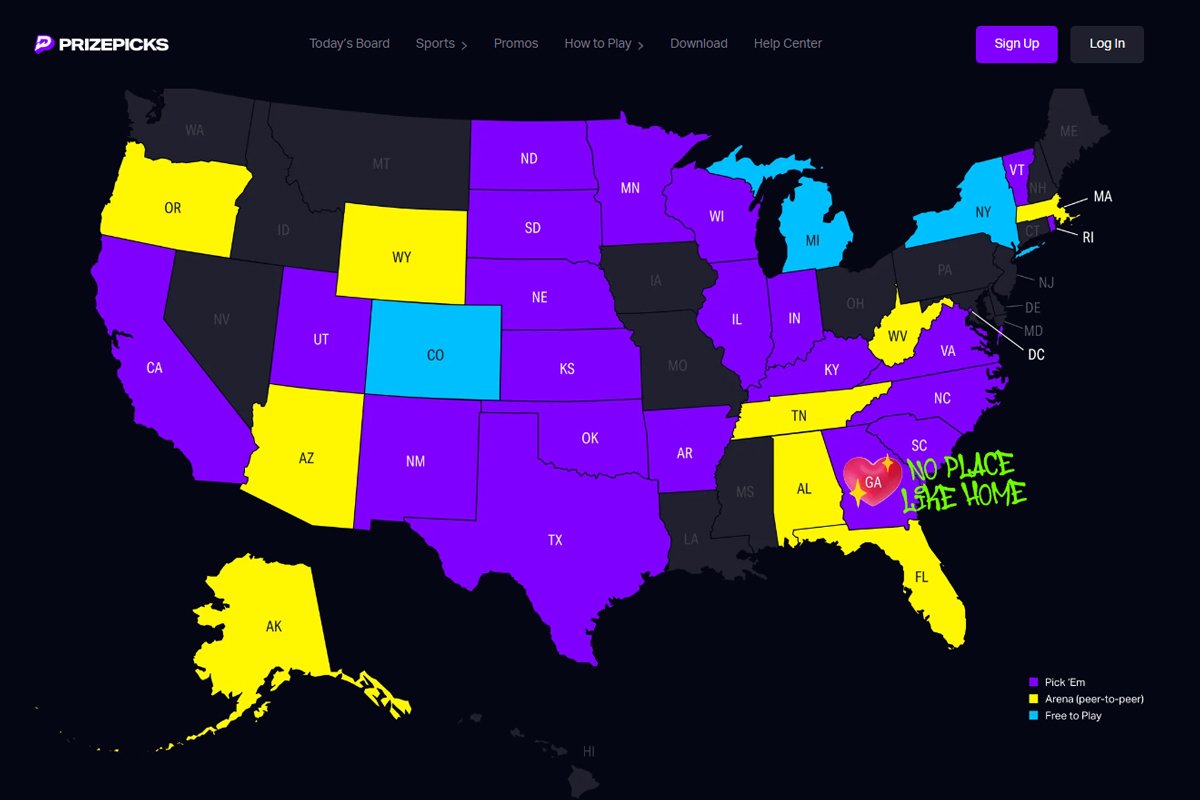 screenshot from Prizepicks website showing US map in which Prizepicks is available