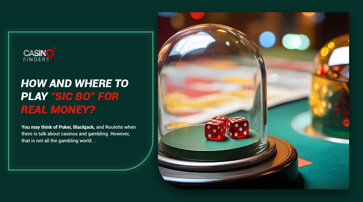 guide to online real money Sic Bo thumbnail image featuring sic bo casino table and dice